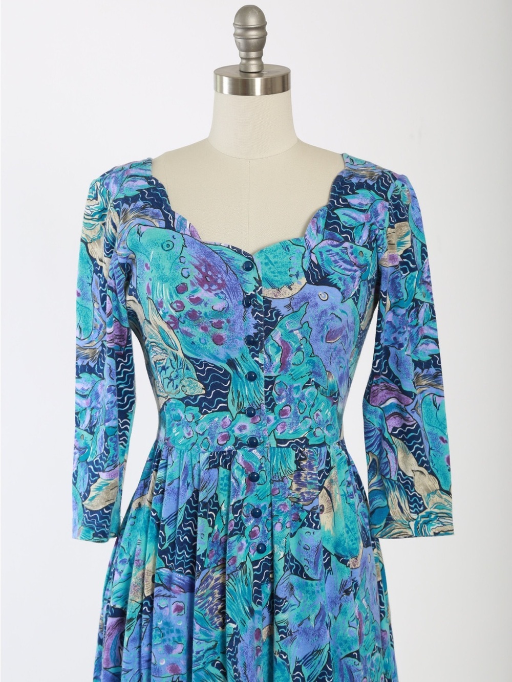 vintage 1980s Lanz Originals fish print midi blue purple dress size large - Picture 9 of 12